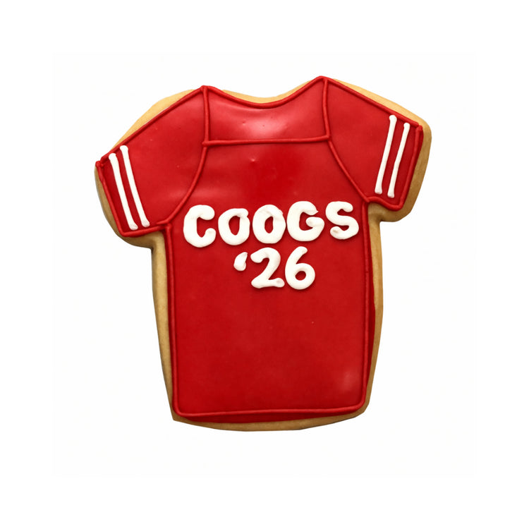 Hand-decorated Coogs '26 jersey-shaped sugar cookie.