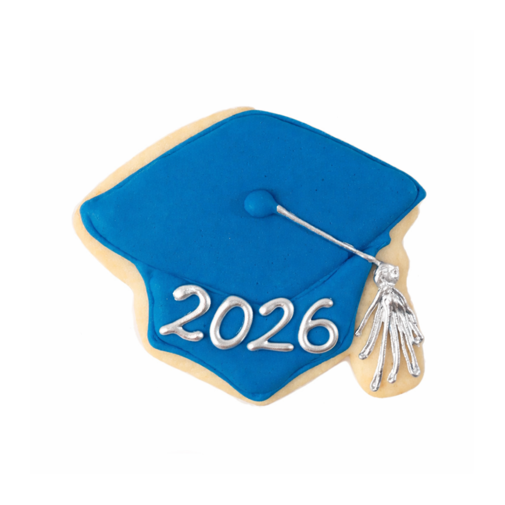 Blue graduation cap cookie with silver 2026 icing.