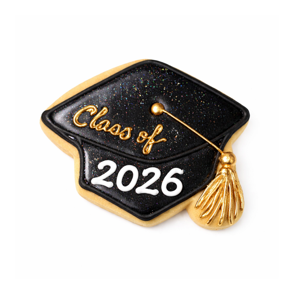 Graduation Cap cookie with Class of 2026 icing and gold tassel