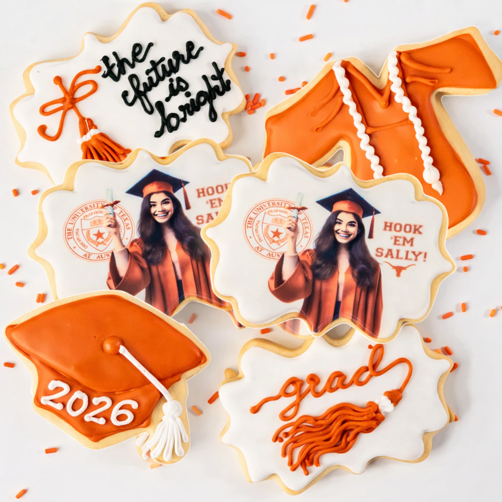 Graduation Cookie Gift Box with orange and white icing designs