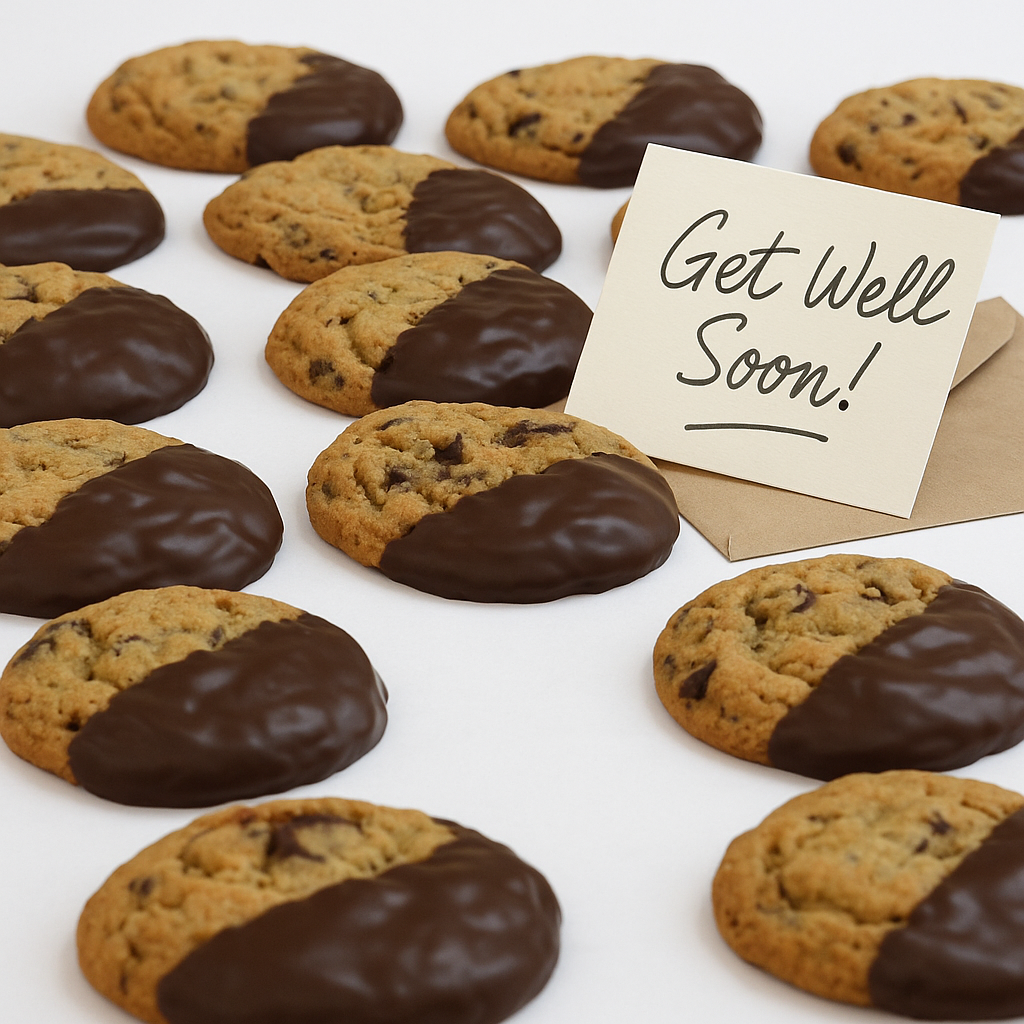 Chocolate-dipped cookies with a Get Well Soon note