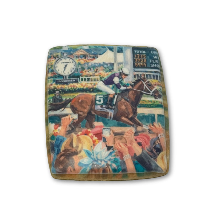 Kentucky Derby cookie with a horse racing scene print.