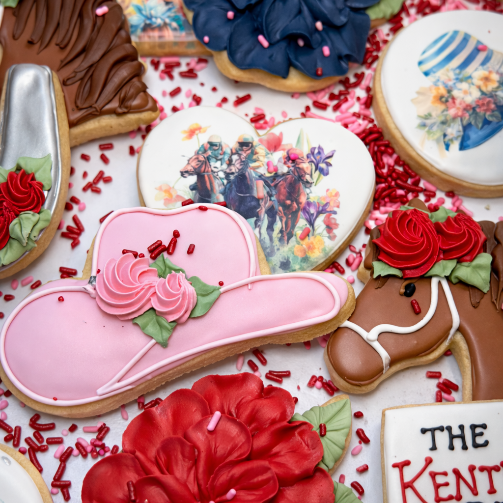 Assorted Kentucky Derby cookies with horse and floral icing.