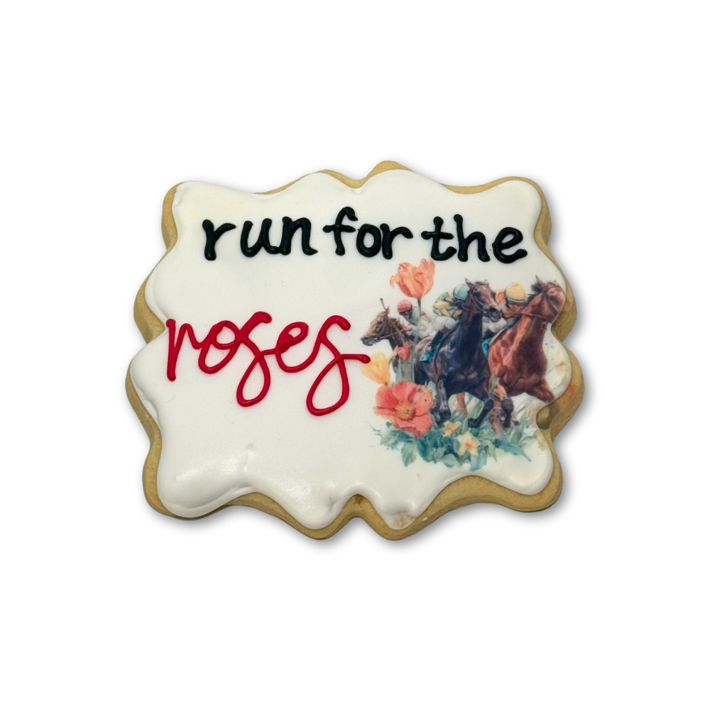 Kentucky Derby cookie with Run for the Roses icing design.