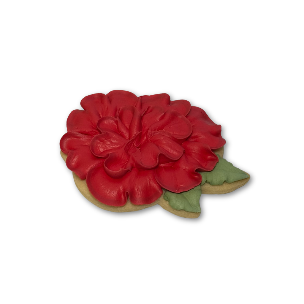 Kentucky Derby rose-shaped cookie with red icing and green leaves