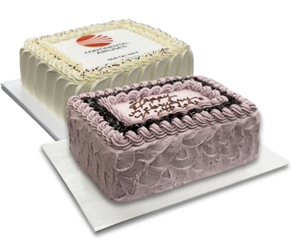 Two rectangular sheet cakes with white and purple frosting.