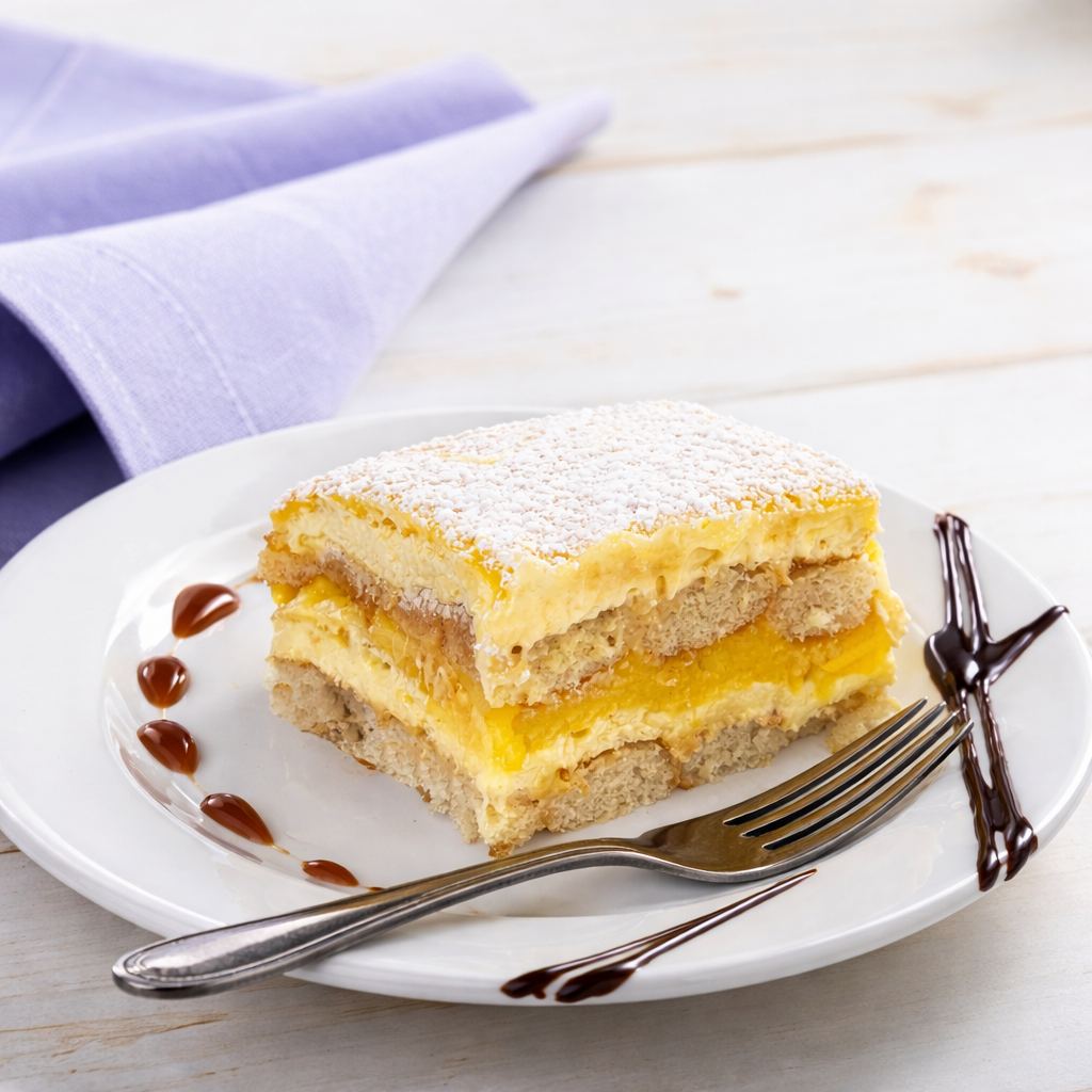 Layered lemon cream cake slice on a white plate with a fork.