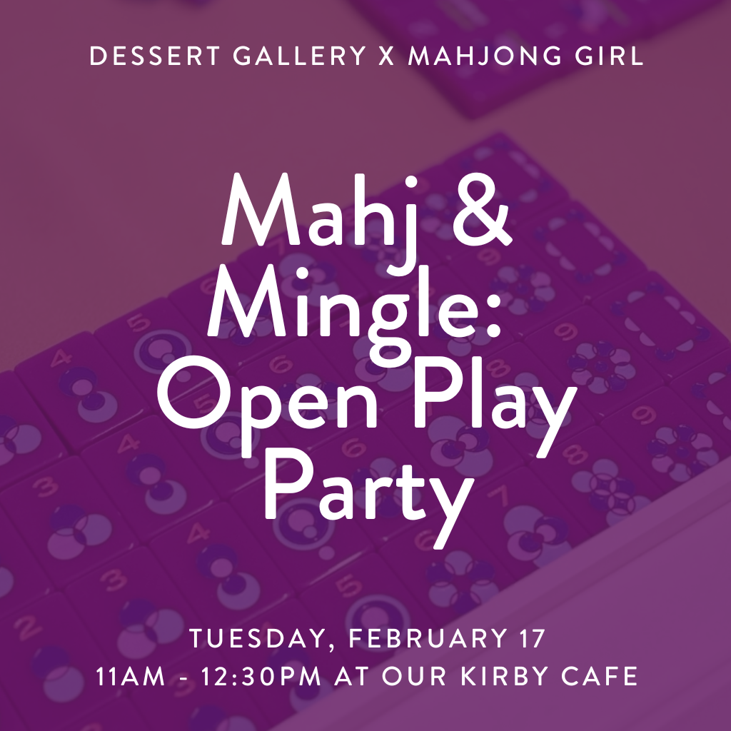 Mahj & Mingle morning session event flyer with purple tiles.