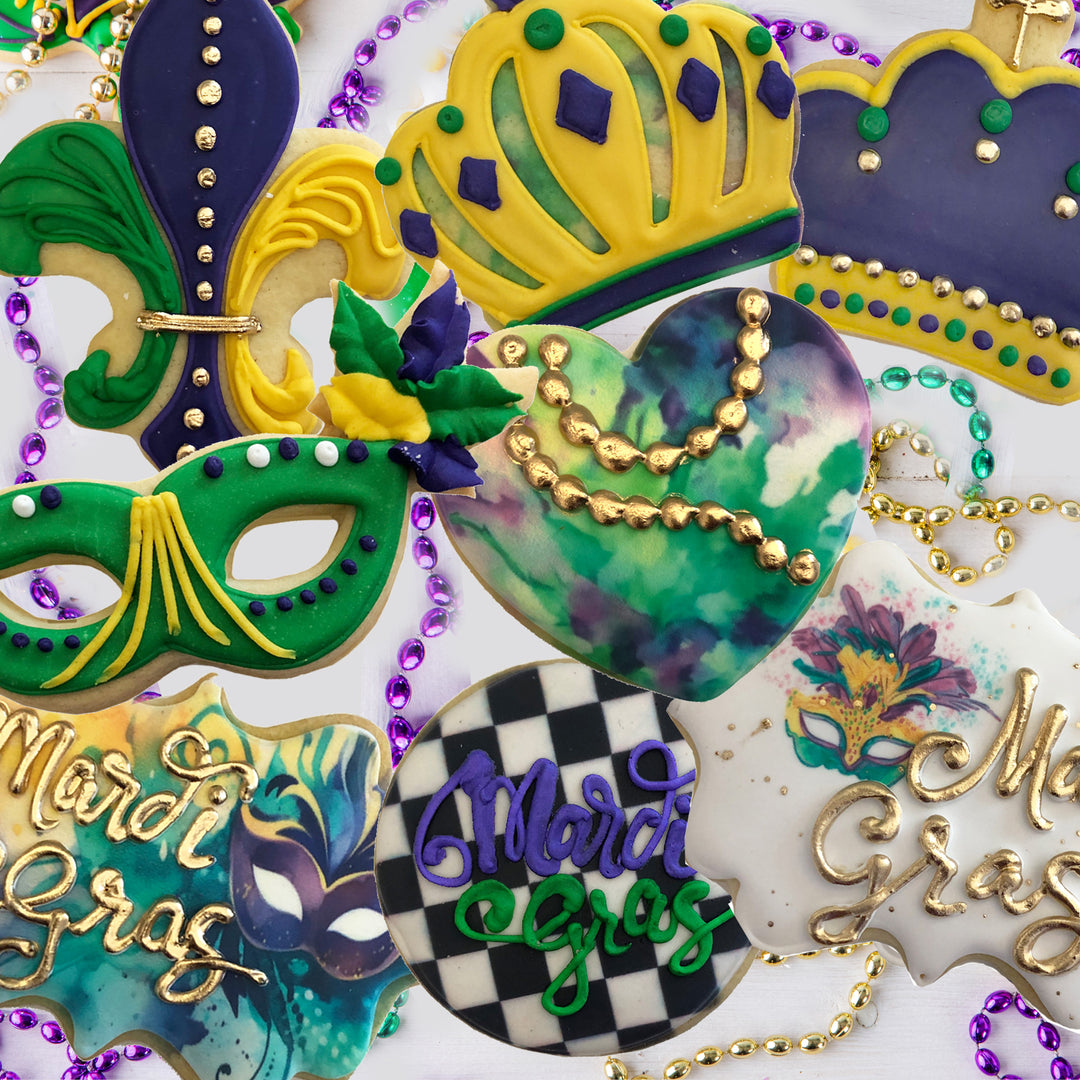 Assorted Mardi Gras butter cookies with festive icing designs.