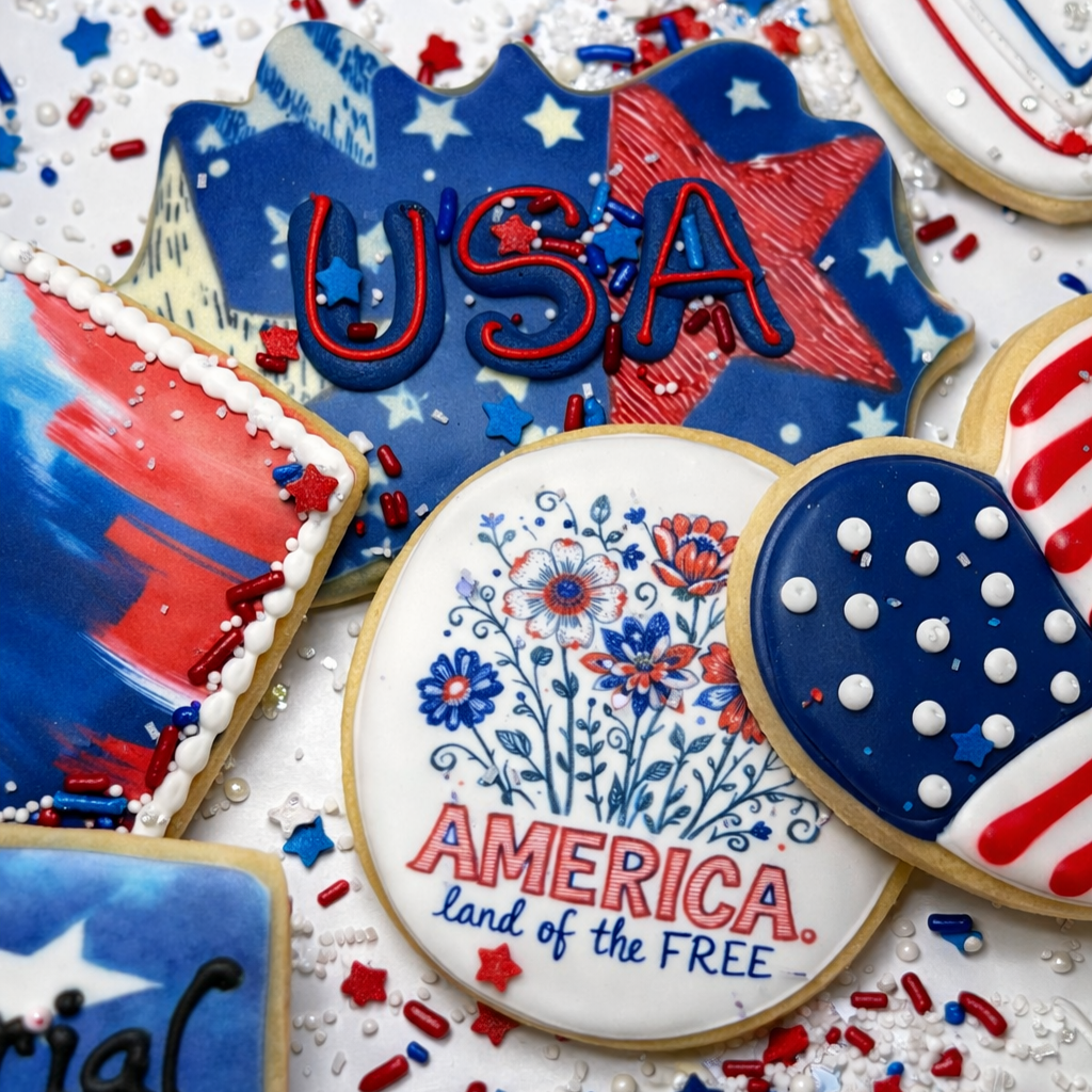 Assorted Memorial Day cookies with red, white, and blue icing.
