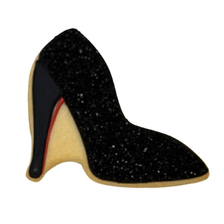 Mother's Day cookie shaped like a black glitter high heel shoe.