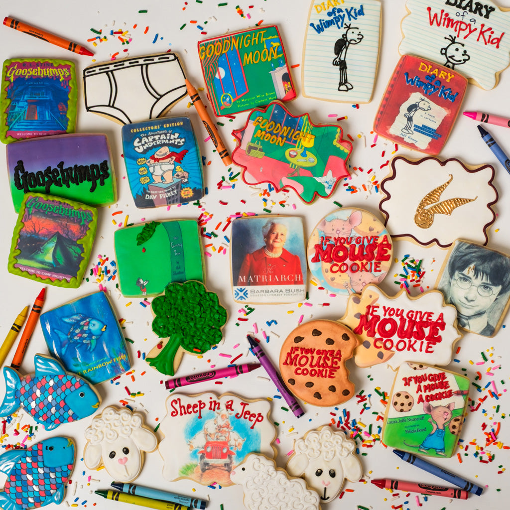 Assorted National Reading Month cookies with book cover designs.