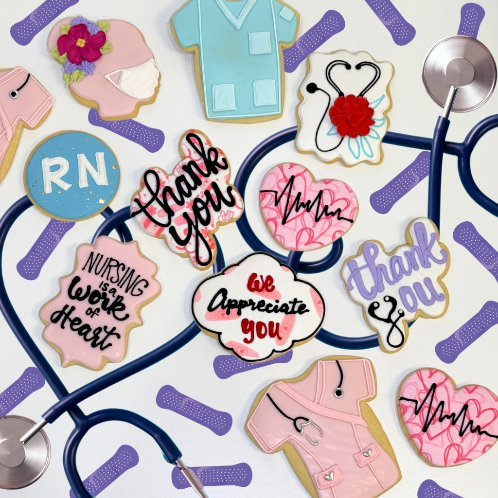 Assorted Nurse Appreciation Week cookies with medical designs.