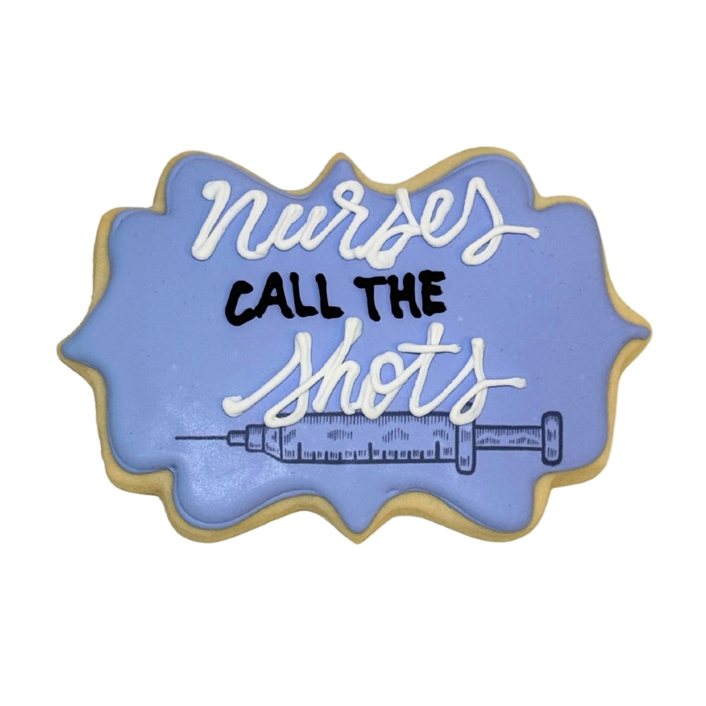 Nurse Appreciation Week cookie with blue icing and syringe design.