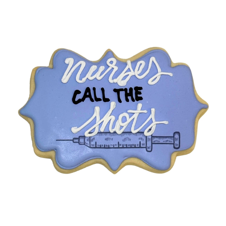 Nurse Appreciation Week cookie with blue icing and syringe design.
