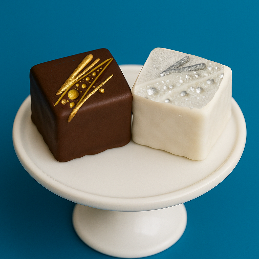 New Year Petit Fours with gold and silver accents on a stand.