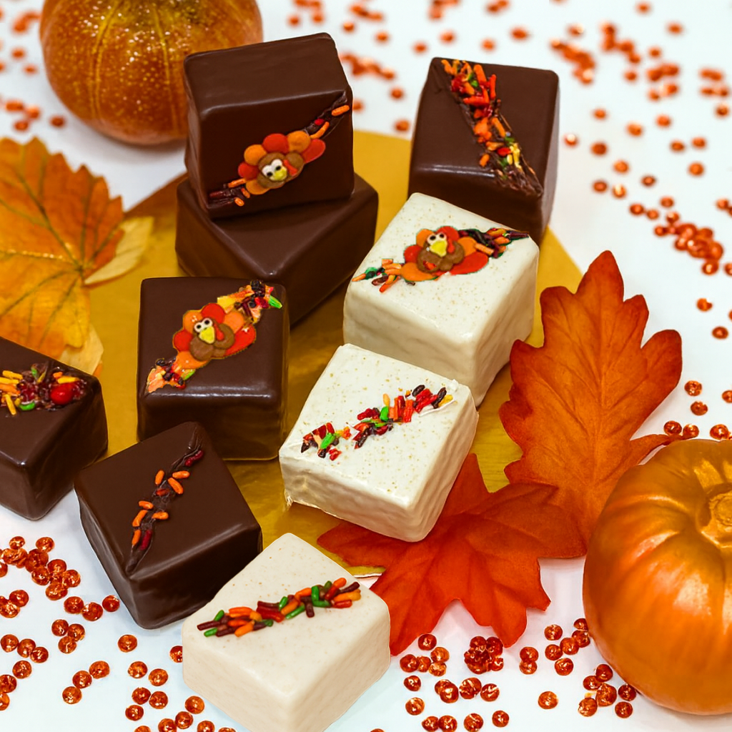 Thanksgiving petit fours with chocolate and white icing.