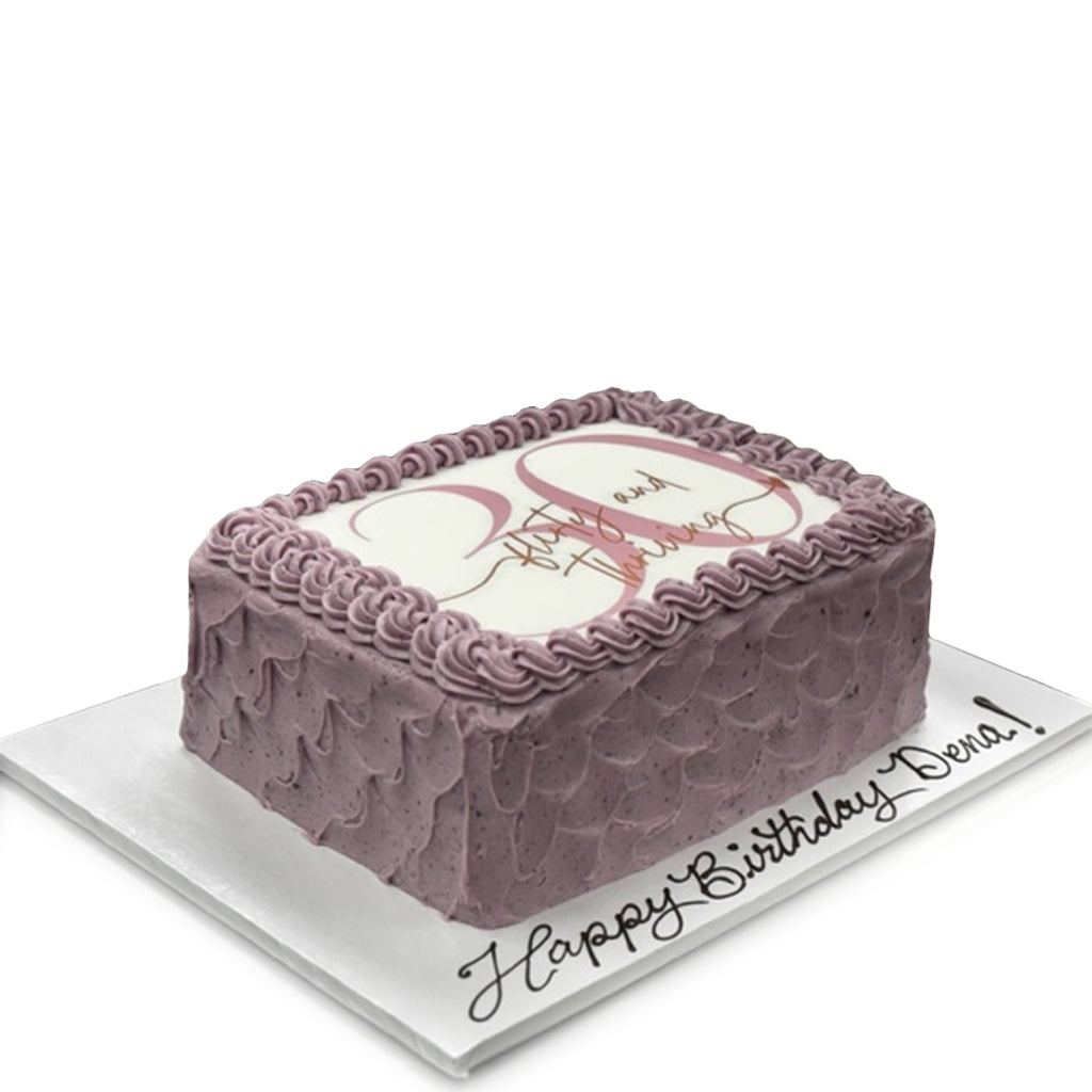 30th birthday photo sheet cake with purple frosting