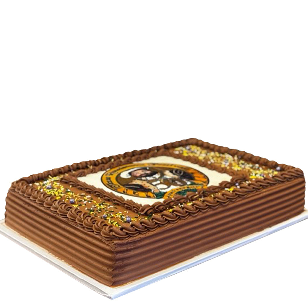 Rectangular sheet cake with chocolate frosting and custom logo.