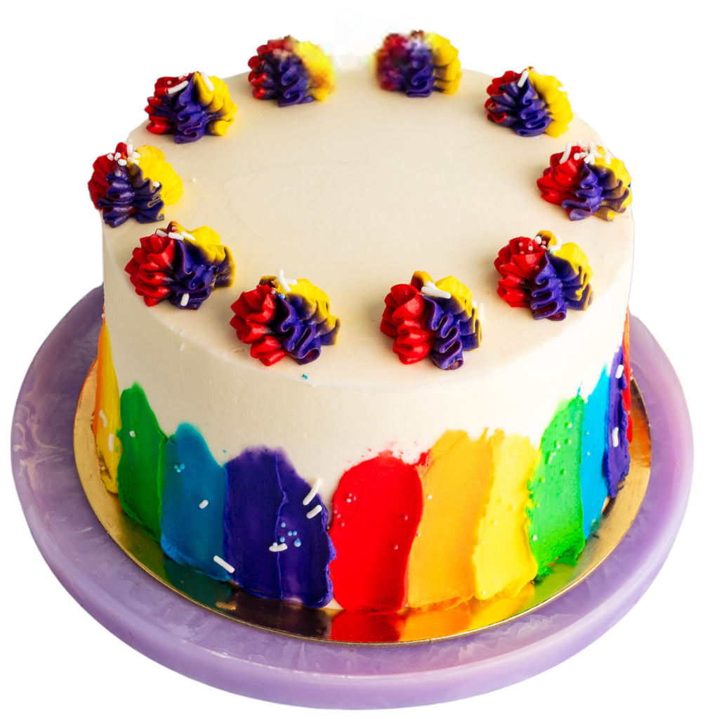 9-inch Pride cake with rainbow frosting on a purple stand