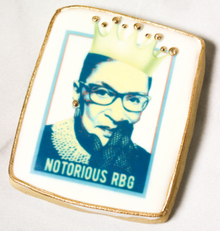 Notorious RBG photo cookie with gold crown and trim