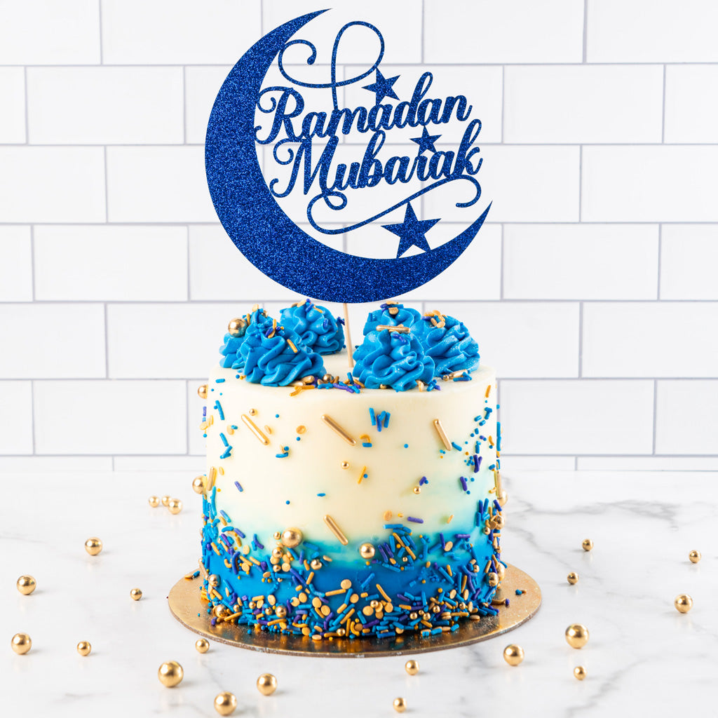 6-inch Ramadan cake with blue ombre frosting and glitter topper
