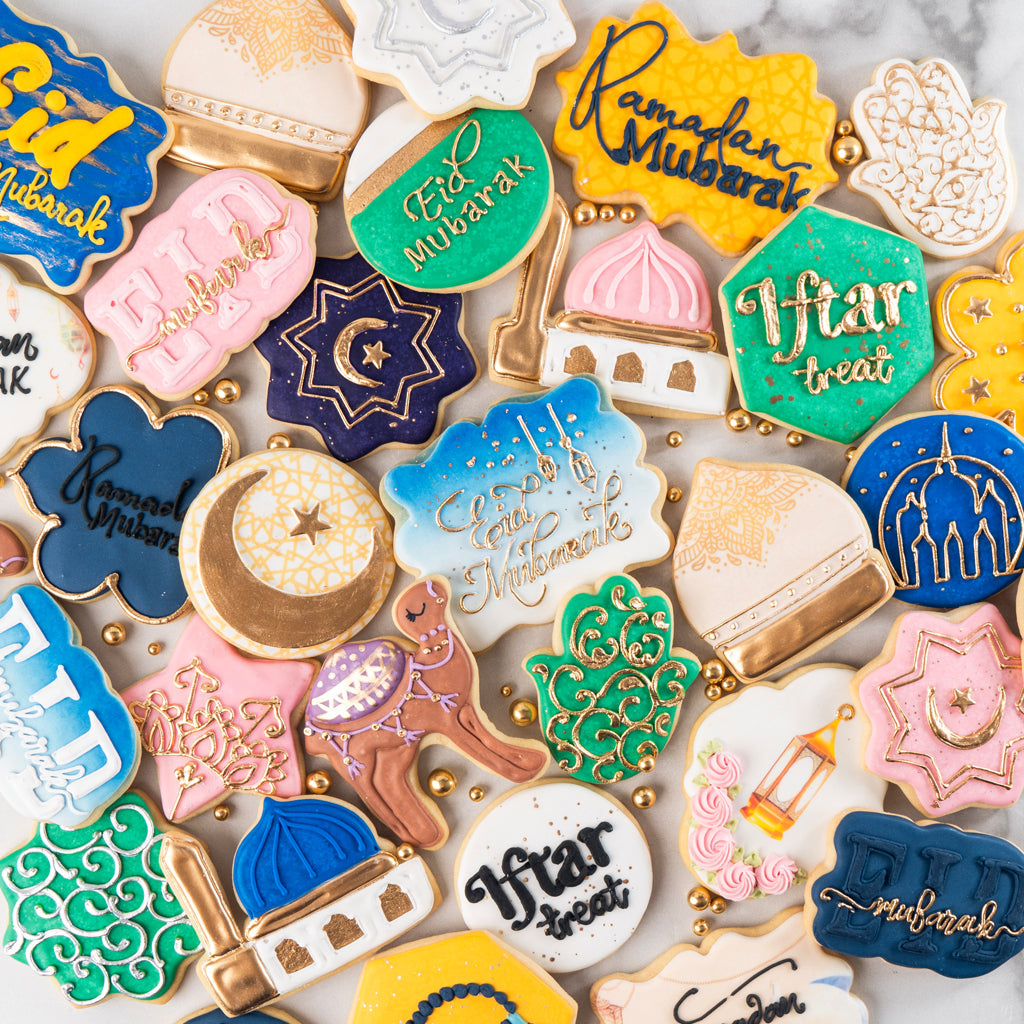 Assorted Ramadan and Eid butter cookies with festive icing.
