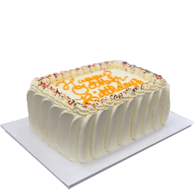 French Vanilla sheet cake with Happy Birthday icing.