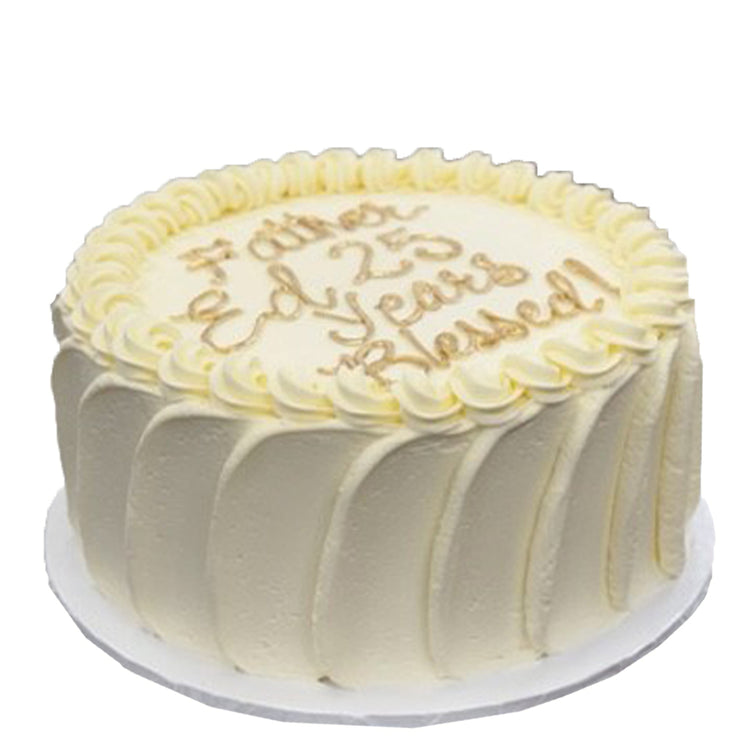 French vanilla round cake with gold script frosting.