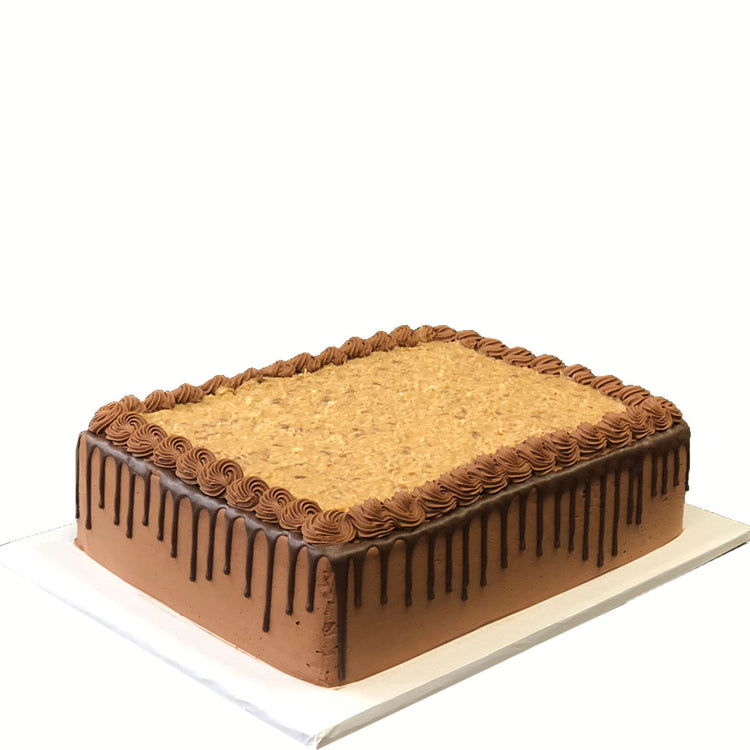 German chocolate sheet cake with coconut pecan frosting.