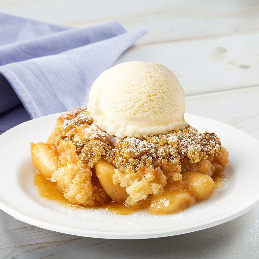 Apple Brown Betty slice topped with a scoop of vanilla ice cream