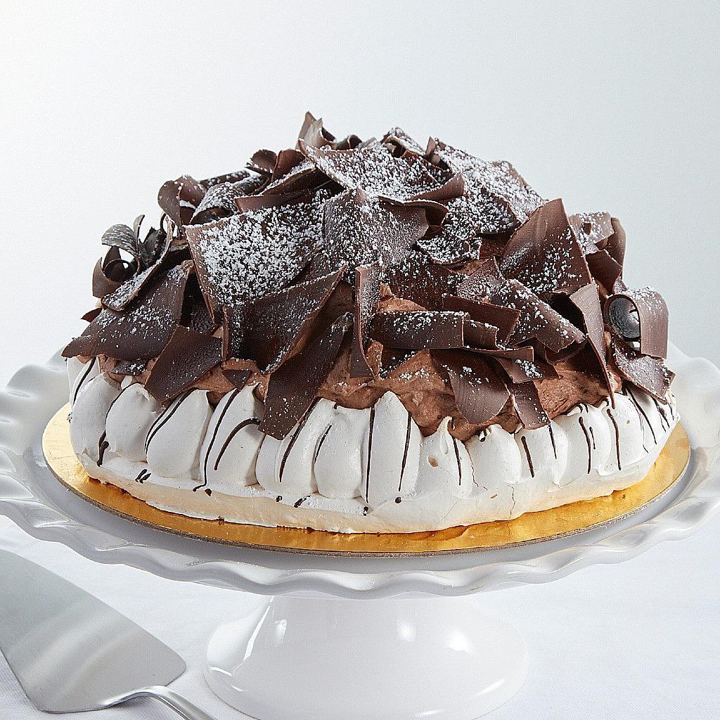 9-inch Chocolate Vacherin topped with dark chocolate curls.
