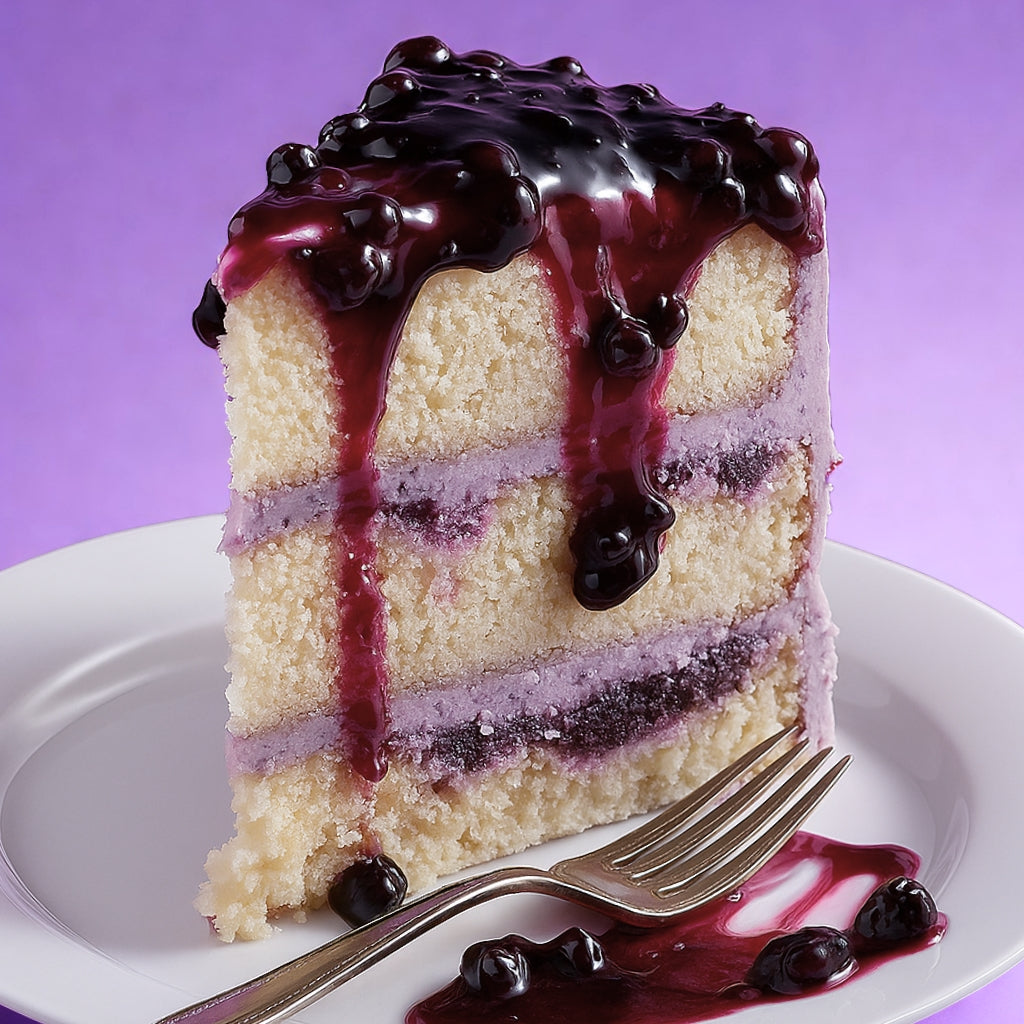 Slice of blueberry layer cake with fruit topping on a plate