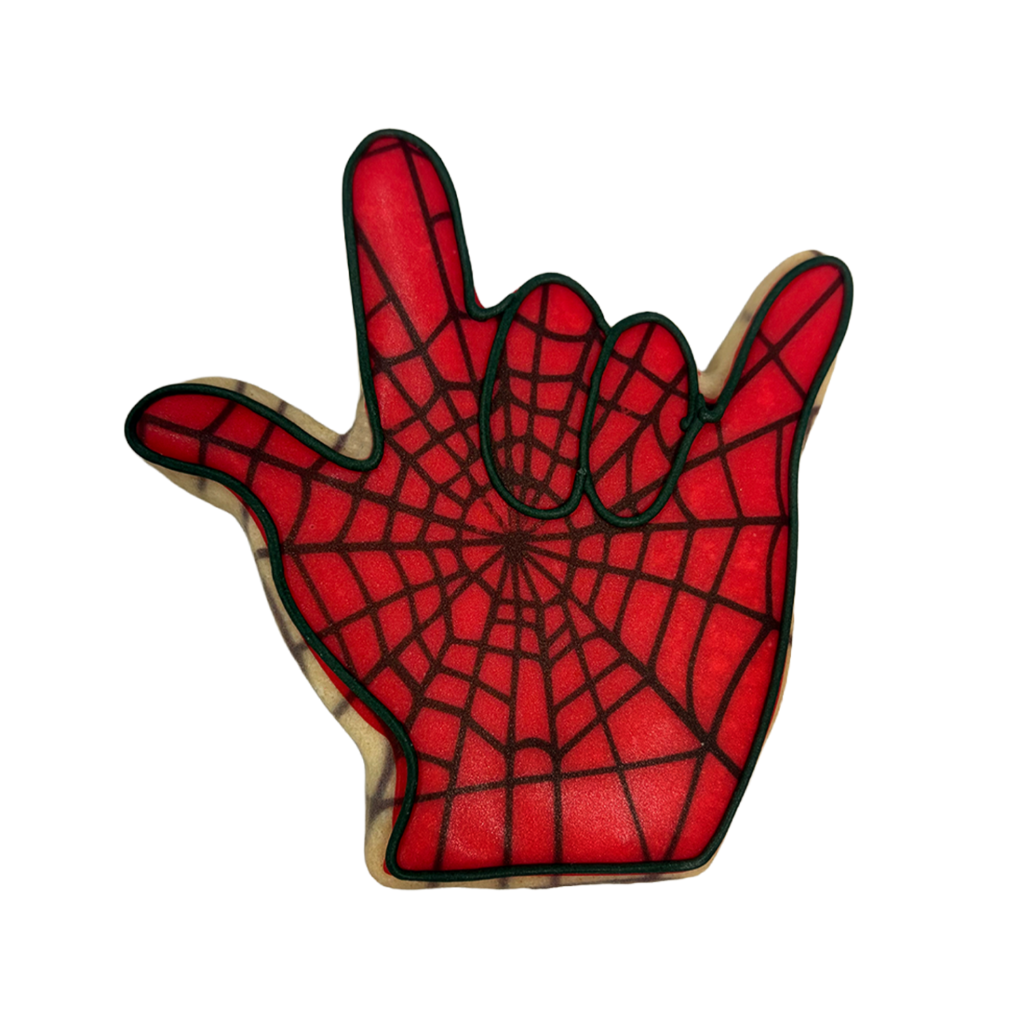 Spiderman cookie in a red hand-shaped design with black webbing.