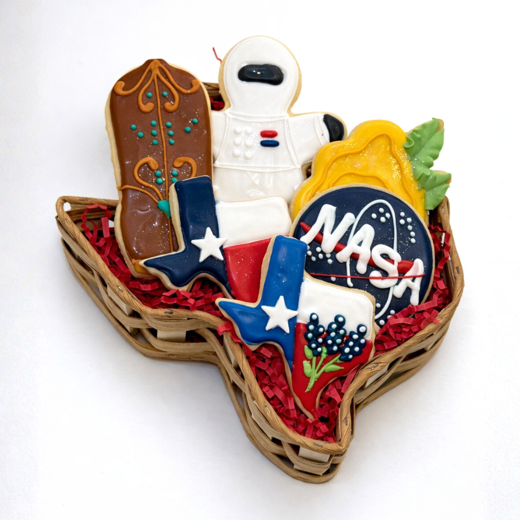 Texas Sweets Gift Box with Texas-shaped basket and iced cookies.