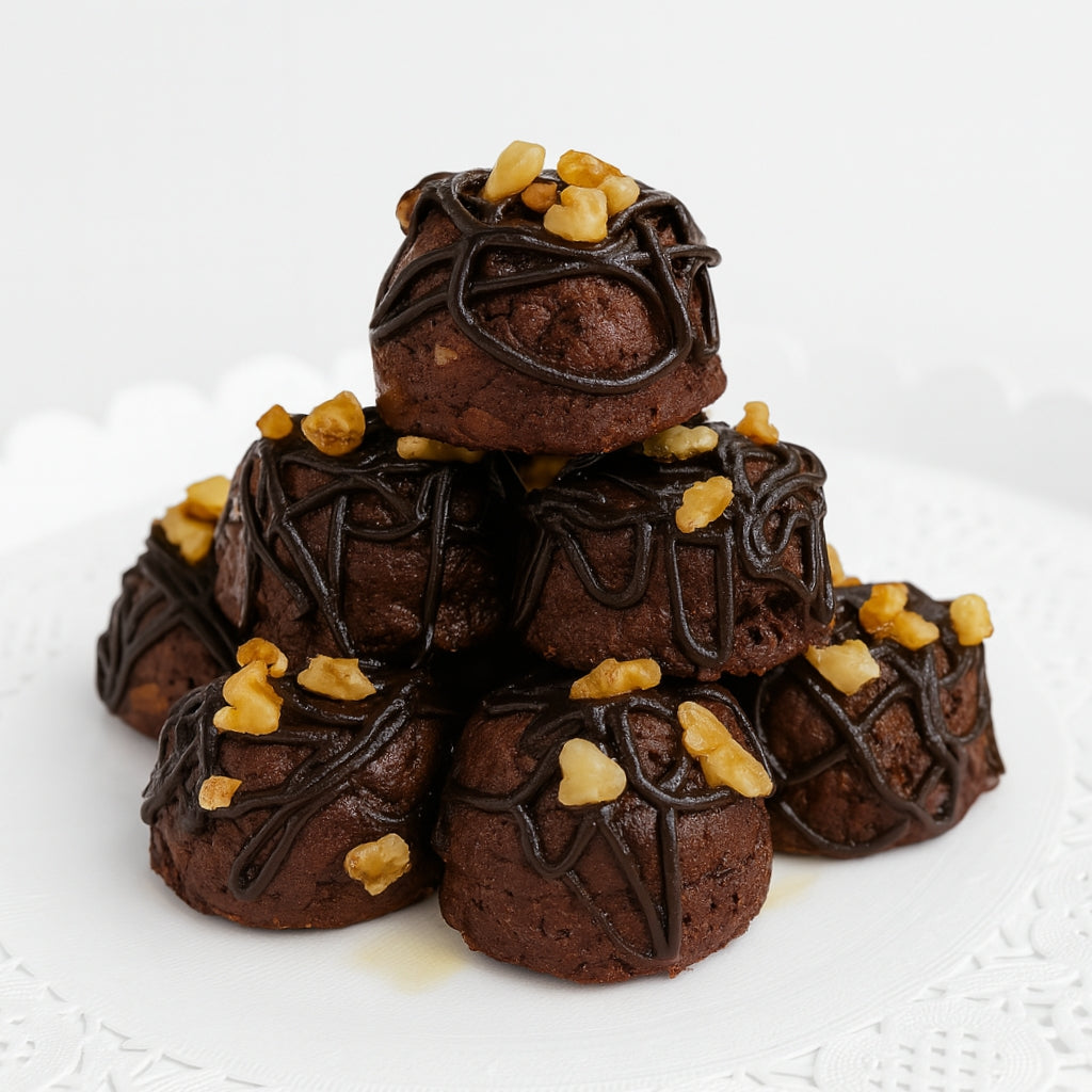 Feel-Good Fudge Brownie Balls drizzled with chocolate and walnuts