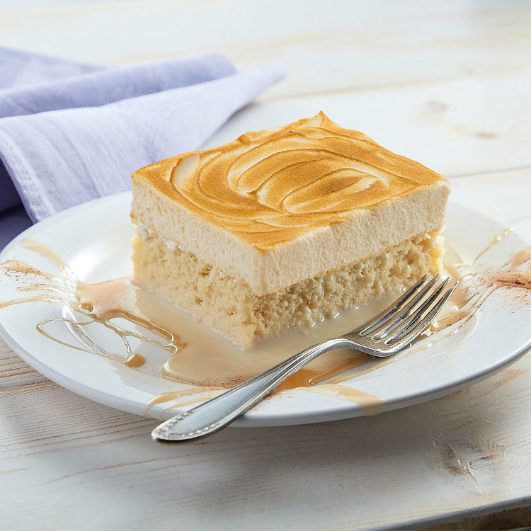Correa-Style Tres Leches slice with toasted meringue topping