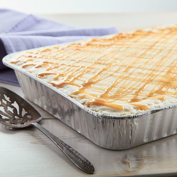 Tres Leches 13x9 pan with caramel drizzle and cake server