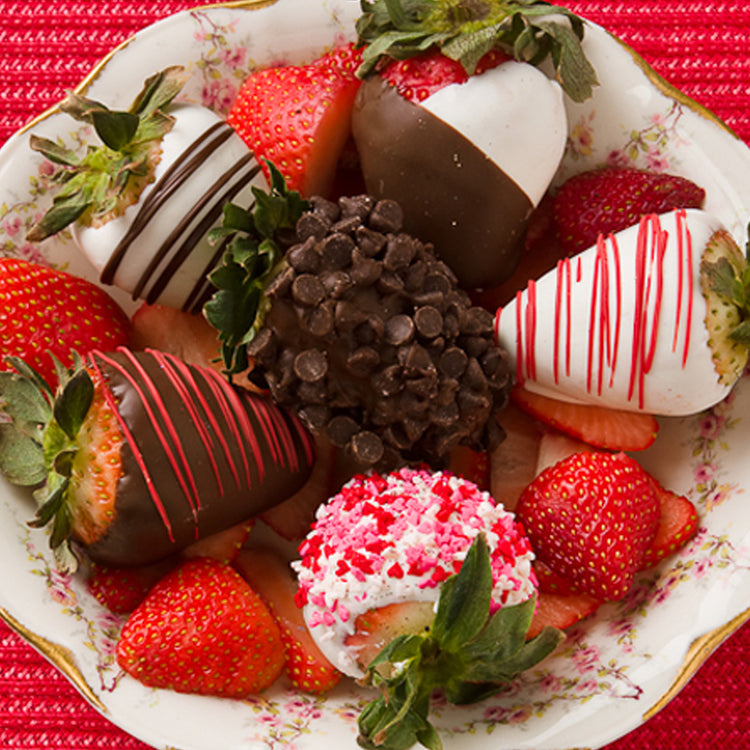 Valentine's Day 2025 chocolate-dipped strawberries in a floral bowl
