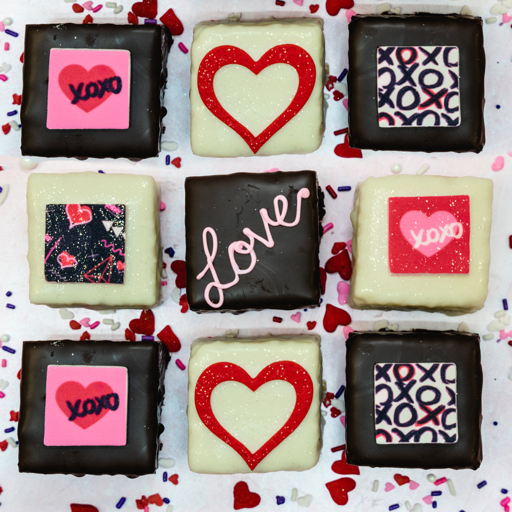 Valentine's Day 2025 petit fours with heart and XOXO designs