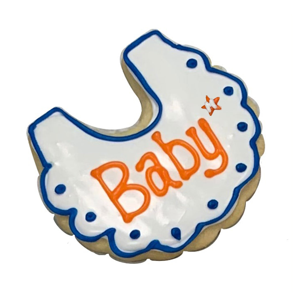 Astros baby bib cookie with orange and blue icing.