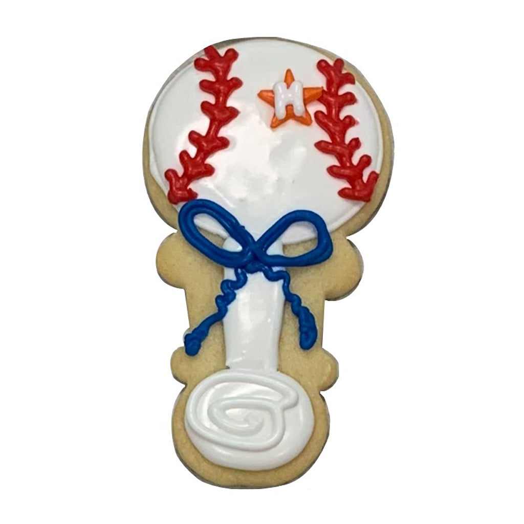 Astros baby rattle cookie with red laces and blue bow icing.