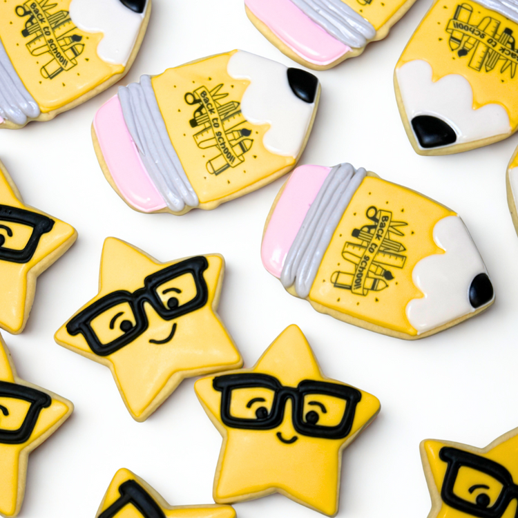 Assorted Back to School cookies shaped like pencils and stars