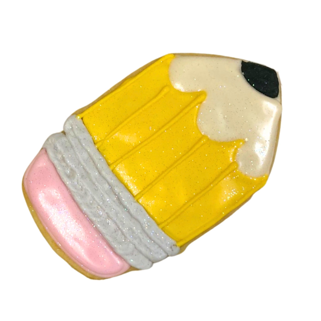 Back to school pencil-shaped cookie with yellow icing.