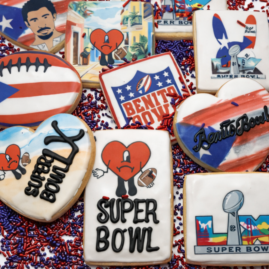 Assorted Bunny Bowl cookies with colorful Super Bowl icing designs.