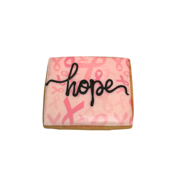 Square Breast Cancer Awareness cookie with pink ribbons and hope.
