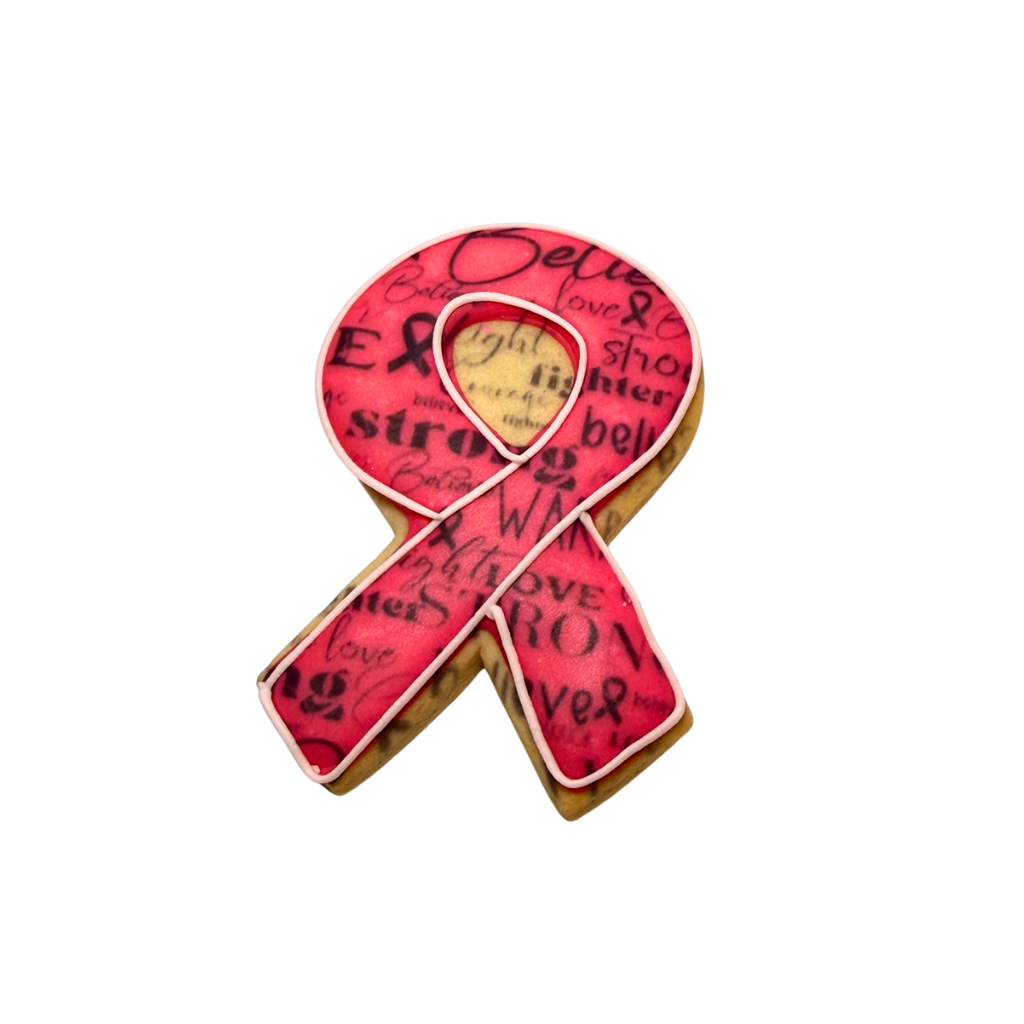 Breast Cancer Awareness cookie with pink ribbon and text.