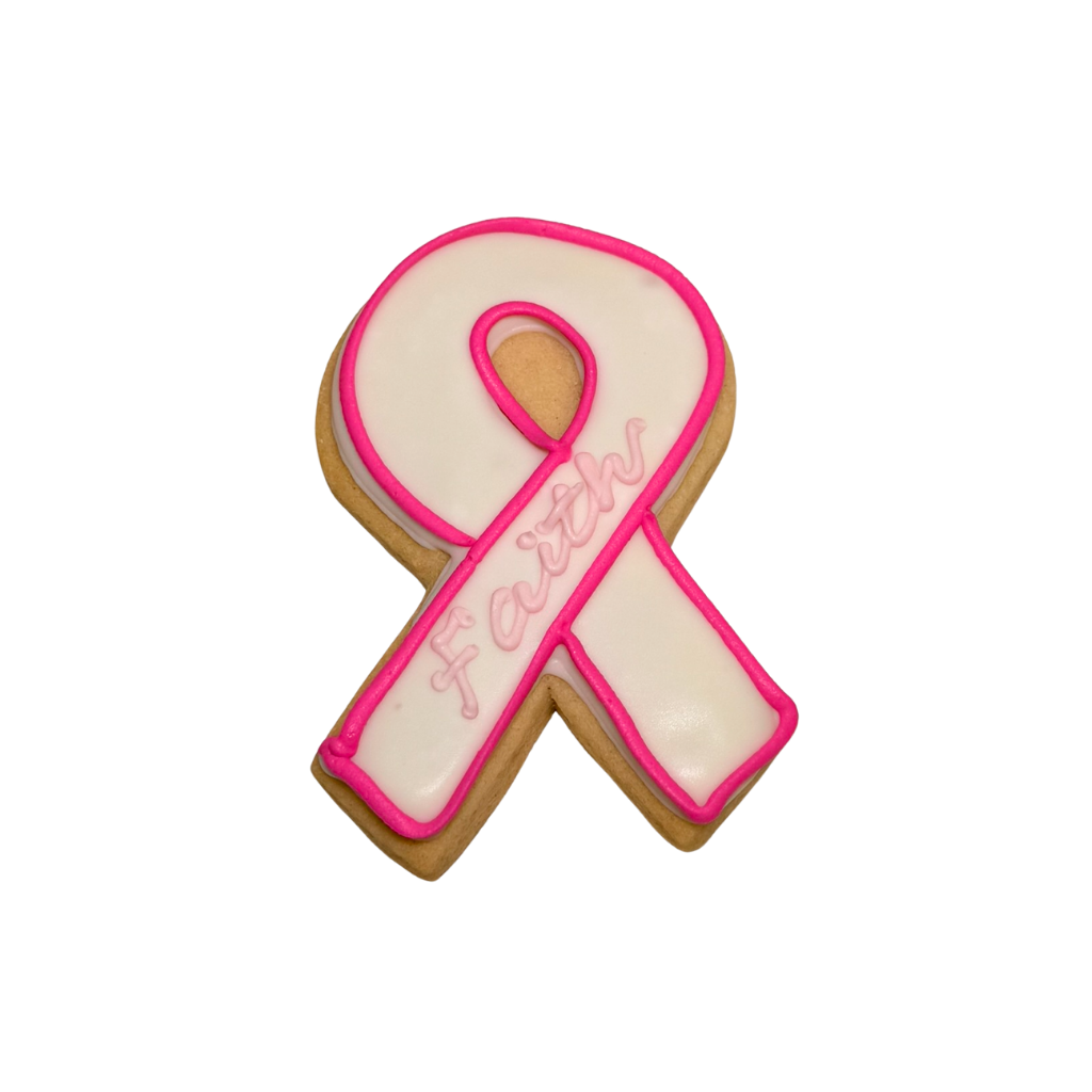 Breast Cancer Awareness cookie shaped like a pink ribbon.