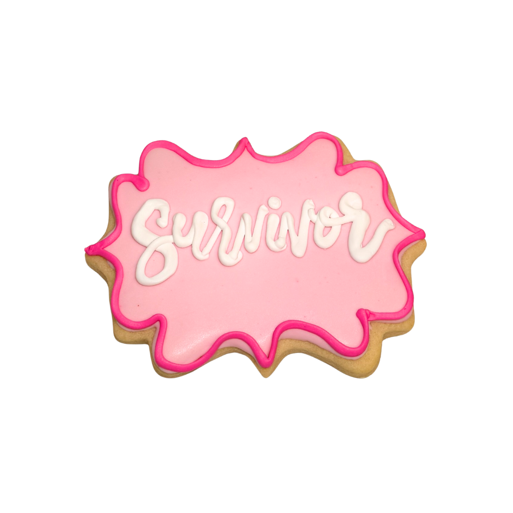 Breast Cancer Awareness cookie with pink Survivor icing.