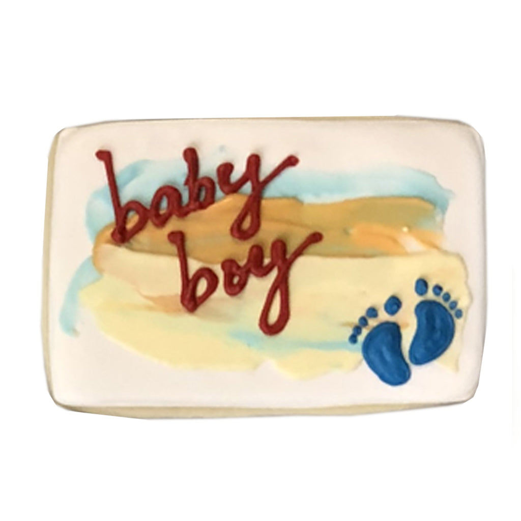 Baby boy plaque cookie with blue footprints and watercolor art.